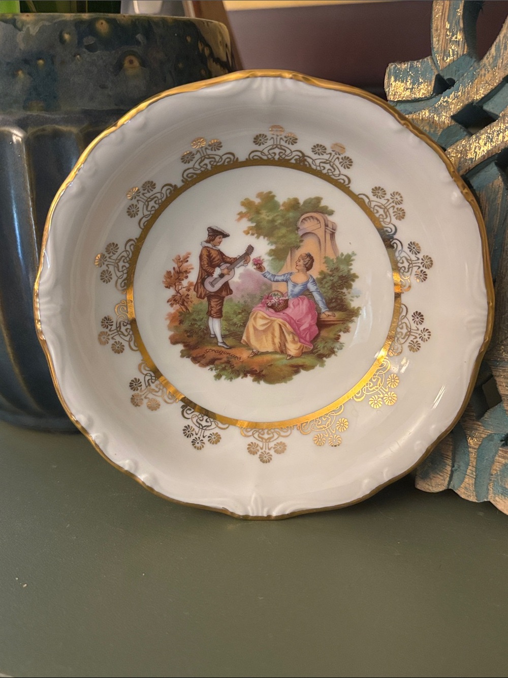 Vintage Gloria Bayreuth Porcelain Dish/West Germany lined with 22K Gold/rare